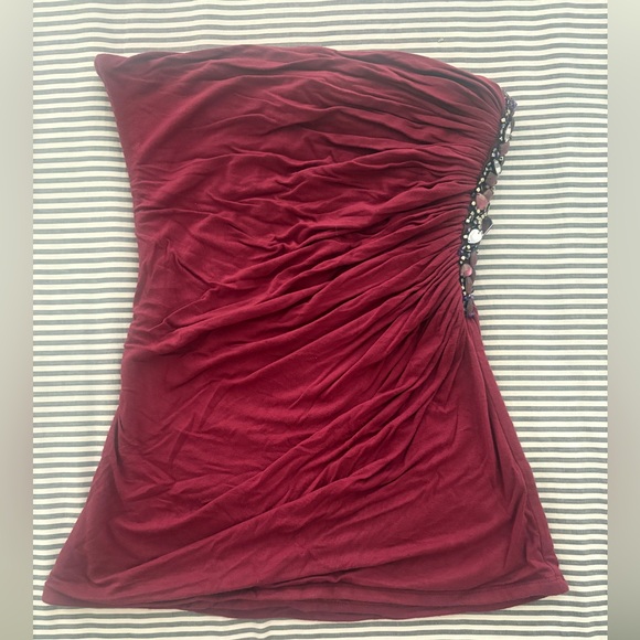 SKY Embellished Burgundy Ruched Strapless Top - Picture 4 of 5